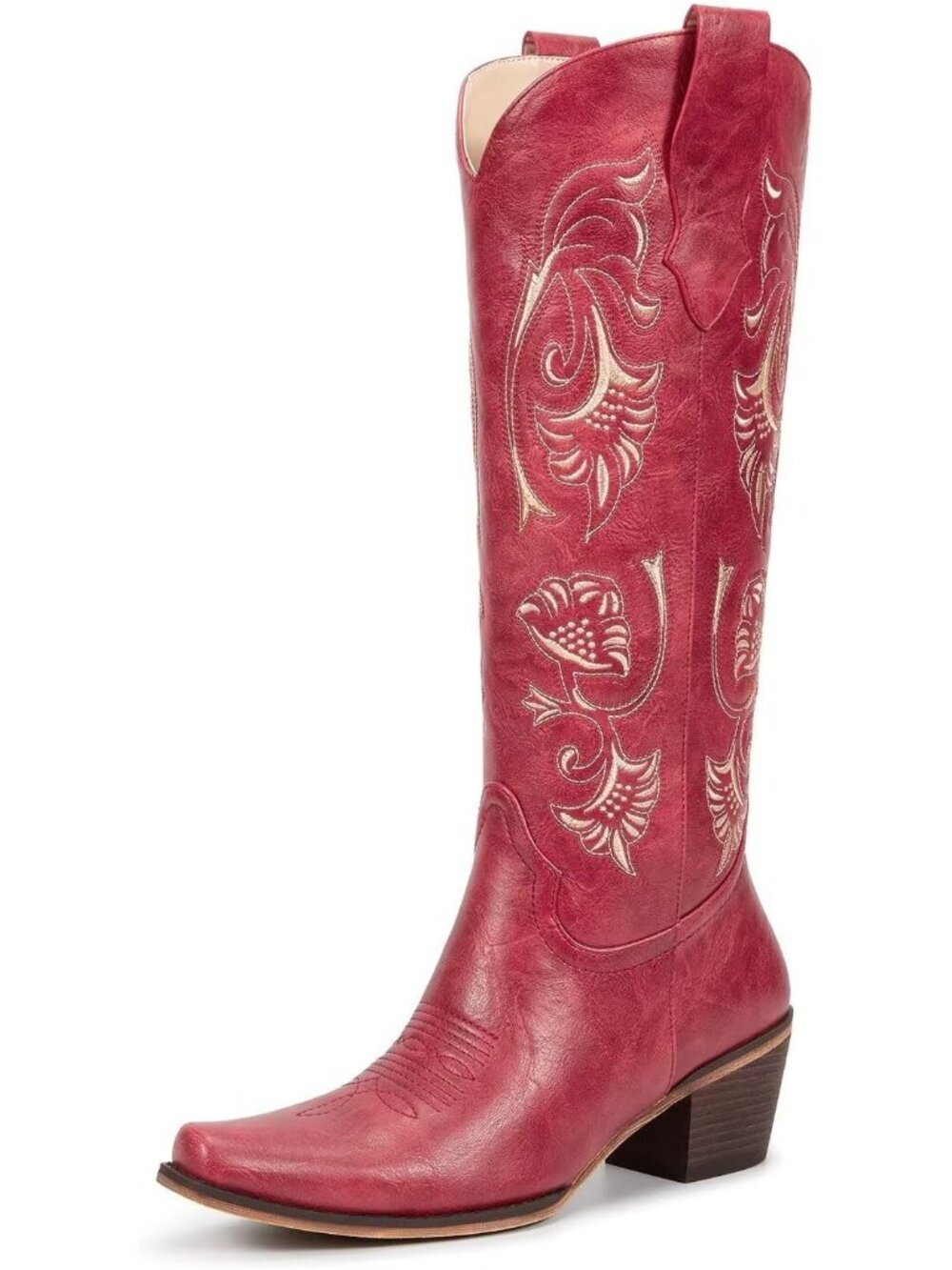 Women's Red Cowgirl Boots with Floral Embroidered Pointed Toe Chunky Heel Boot